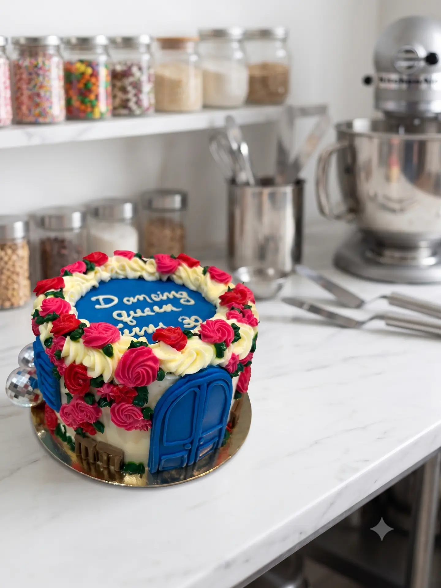 Tarta artesanal con rosas de buttercream y puerta azul de fondant en el obrador