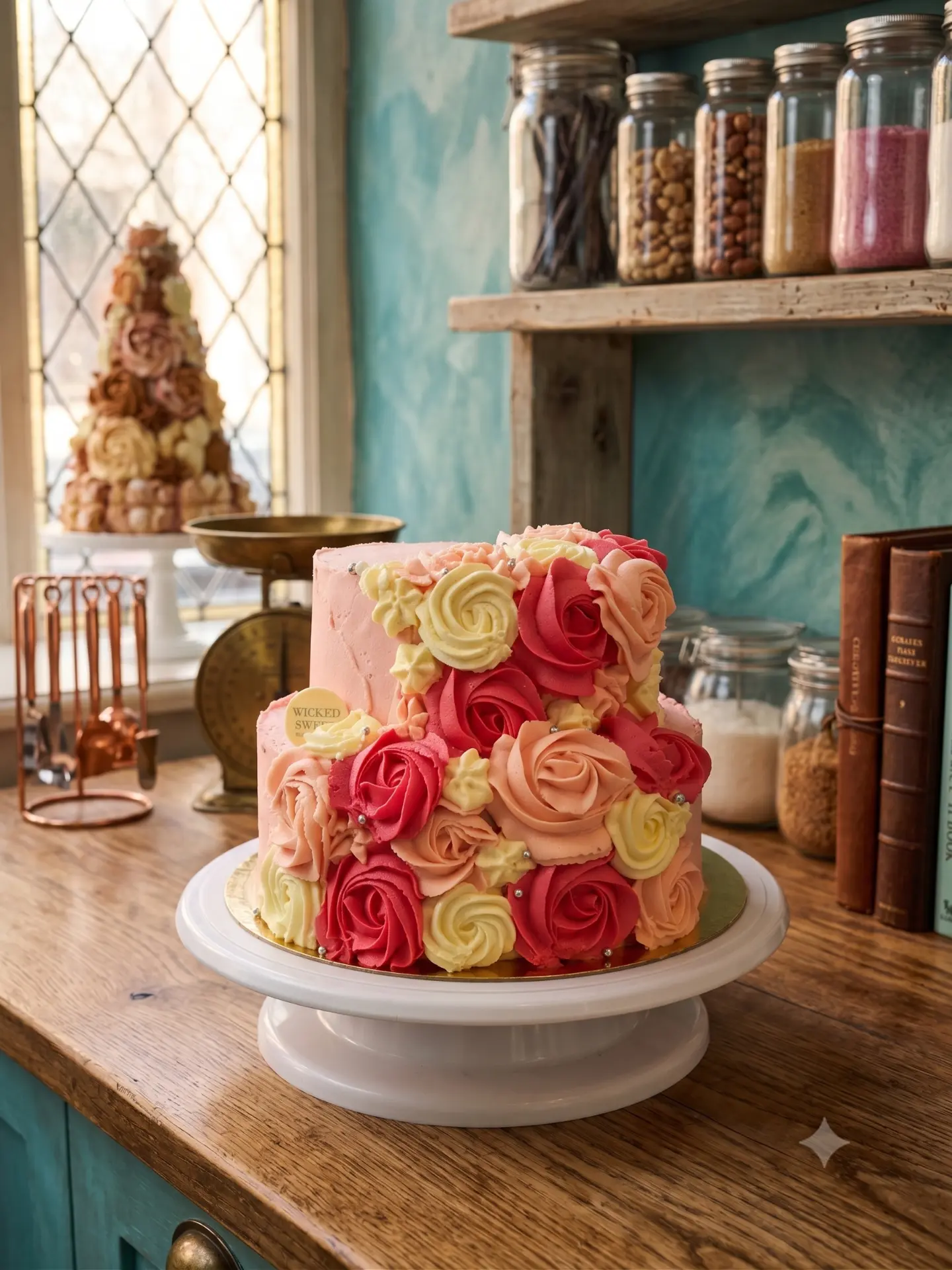 Tarta artesanal decorada con rosas de buttercream en tonos rosa, coral y crema